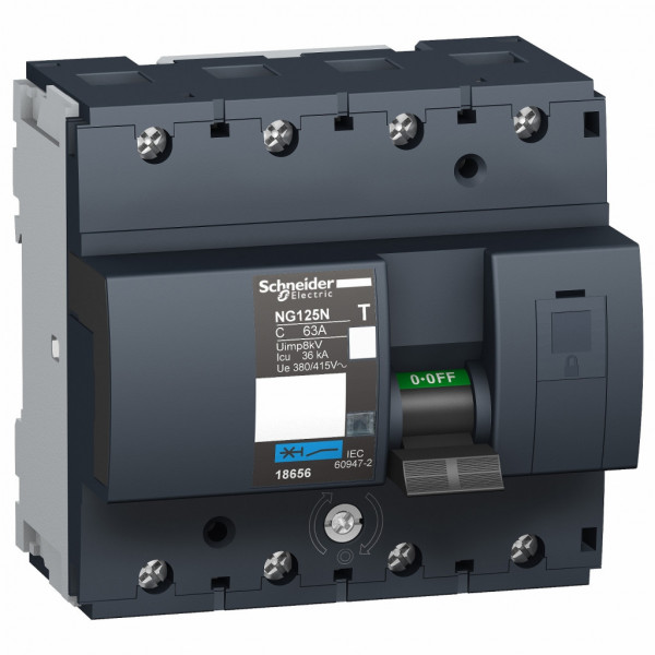 Acti9 NG125N - disjoncteur - 4P - 63A - Courbe C - Ui 690V CA - Pouvoir de coupure : 10kA Icu - 500 V CA | 20kA Icu - 440 V CA | 20kA Icu - <= 500 V CC | 25kA Icu - 380...415 V CA | 50kA Icu - 220...240 V CA - Uimp 8kV - 12 pas de 9 mm - visuel 3