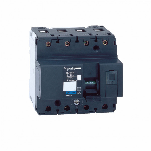 Acti9 NG125N - disjoncteur - 4P - 100A - Courbe D - Ui 690V CA - Pouvoir de coupure : 10kA Icu - 500 V CA | 20kA Icu - 440 V CA | 20kA Icu - <= 500 V CC | 25kA Icu - 380...415 V CA | 50kA Icu - 220...240 V CA - Uimp 8kV - 12 pas de 9 mm - visuel 2