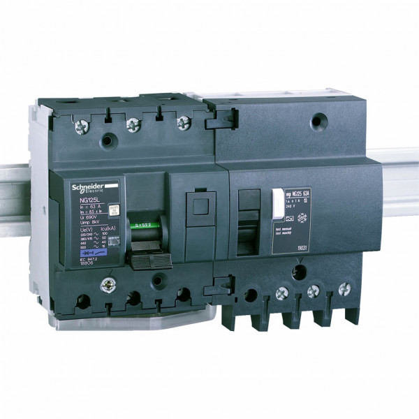 Acti 9 - disjoncteur NG125L - 3P - 63A - Courbe C - Ui 690V CA - Pouvoir de coupure : 100kA Icu - 220...240 V CA | 15kA Icu - 500 V CA | 36kA Icu - <= 375 V CC | 40kA Icu - 440 V CA | 50kA Icu - 380...415 V CA - Uimp 8kV - 9 pas de 9 mm - visuel 1