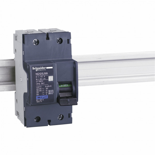 Acti 9 - disjoncteur NG125LMA - 2P - 80A - Courbe MA - Ui 690V CA - Pouvoir de coupure : 100kA Icu - 220...240 V CA | 15kA Icu - 500 V CA | 40kA Icu - 440 V CA | 50kA Icu - 380...415 V CA - Uimp 8kV - 6 pas de 9 mm - visuel 1