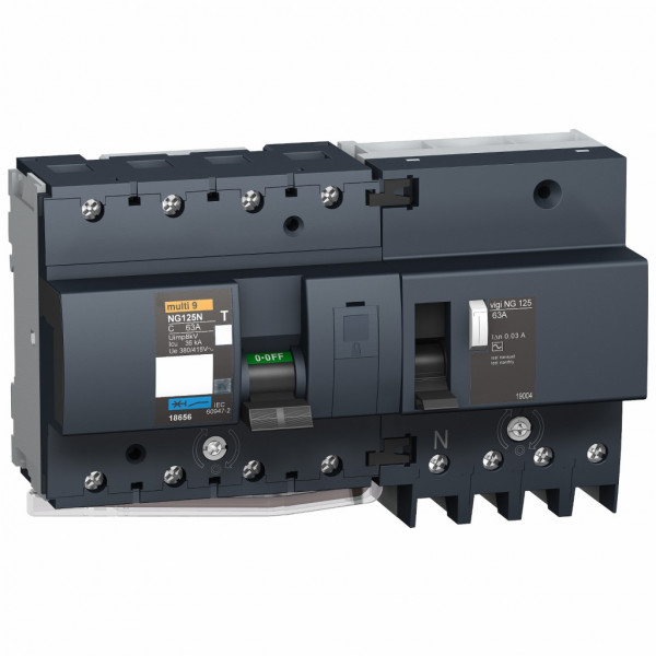 Acti9 NG125N - disjoncteur - 4P - 63A - Courbe C - Ui 690V CA - Pouvoir de coupure : 10kA Icu - 500 V CA | 20kA Icu - 440 V CA | 20kA Icu - <= 500 V CC | 25kA Icu - 380...415 V CA | 50kA Icu - 220...240 V CA - Uimp 8kV - 12 pas de 9 mm - visuel 4