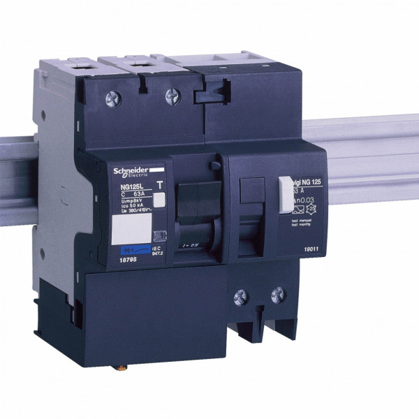 Acti 9 - disjoncteur NG125L - 2P - 63A - Courbe C - Ui 690V CA - Pouvoir de coupure : 100kA Icu - 220...240 V CA | 15kA Icu - 500 V CA | 36kA Icu - <= 250 V CC | 40kA Icu - 440 V CA | 50kA Icu - 380...415 V CA - Uimp 8kV - 6 pas de 9 mm - visuel 1
