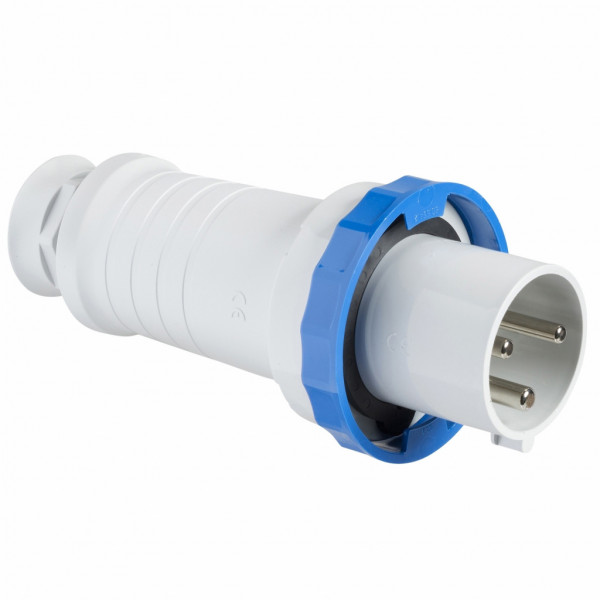 PratiKa - fiche industrielle - basse tension - droit - 63A - 2P+T - 200...250 V - 50/60 Hz - IEC 60309-1 et 2 - vis imperdables - Diam. câbles : 17 à 31mm - IP67 - IK08 - 850°C - gris ( RAL 7035 ) - bleu - visuel 1