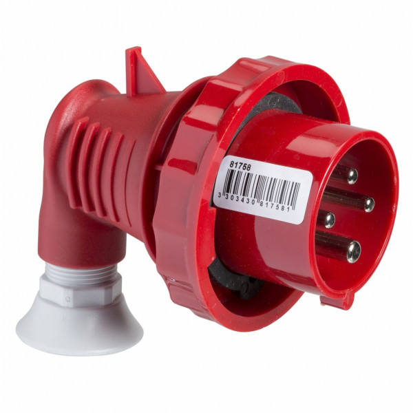 Mureva - fiche industrielle - basse tension - coudé 90° - 32A - 3P+N+T - 380...415 V - 50/60 Hz - IEC 60309-1 et 2 - vis imperdables - Diam. câbles : 11.5 à 21mm - IP67 - IK08 - 850°C - gris ( RAL 7035 ) - rouge - visuel 1