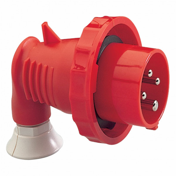 Mureva - fiche industrielle - basse tension - coudé 90° - 32A - 3P+N+T - 380...415 V - 50/60 Hz - IEC 60309-1 et 2 - vis imperdables - Diam. câbles : 11.5 à 21mm - IP67 - IK08 - 850°C - gris ( RAL 7035 ) - rouge - visuel 2
