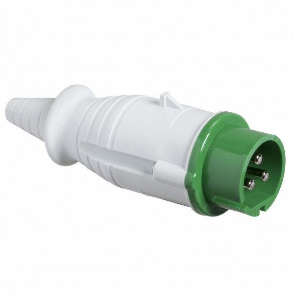 Mureva - fiche industrielle - très basse tension - droit - 32A - 3P - 20...25 V | 40...50 V - 100/200 Hz - IEC 60309-1 et 2 - vis imperdables - Diam. câbles : 6 à 23mm - IP44 - IK08 - 850°C - gris ( RAL 7035 ) - vert - visuel 1