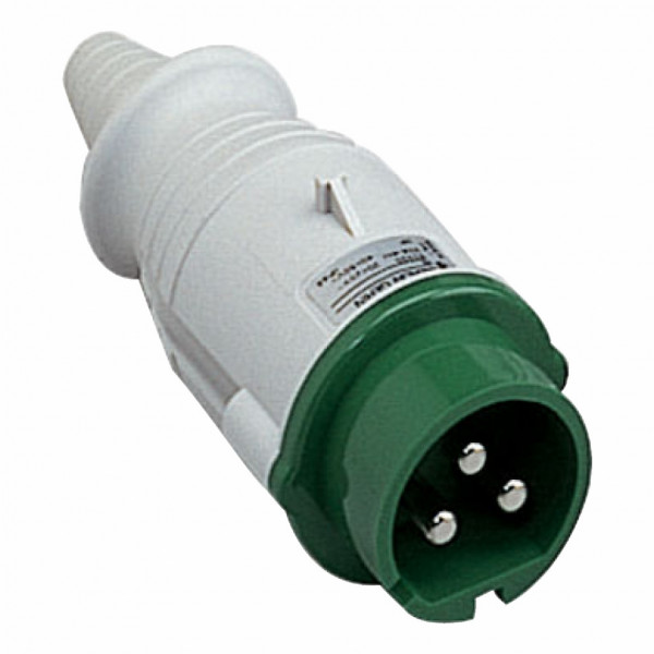 Mureva - fiche industrielle - très basse tension - droit - 32A - 3P - 20...25 V | 40...50 V - 100/200 Hz - IEC 60309-1 et 2 - vis imperdables - Diam. câbles : 6 à 23mm - IP44 - IK08 - 850°C - gris ( RAL 7035 ) - vert - visuel 3