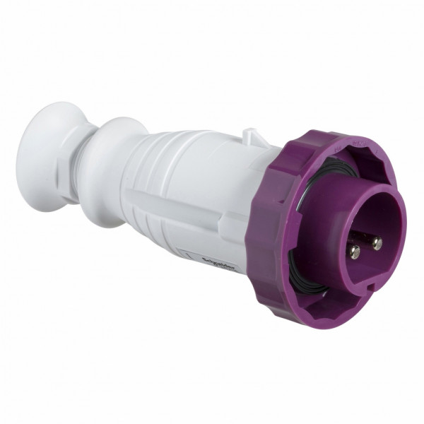 Mureva - fiche industrielle - très basse tension - droit - 16A - 2P - 20...25 V - 50/60 Hz - IEC 60309-1 et 2 - vis imperdables - Diam. câbles : 6 à 23mm - IP67 - IK08 - 850°C - gris ( RAL 7035 ) - violet - visuel 1