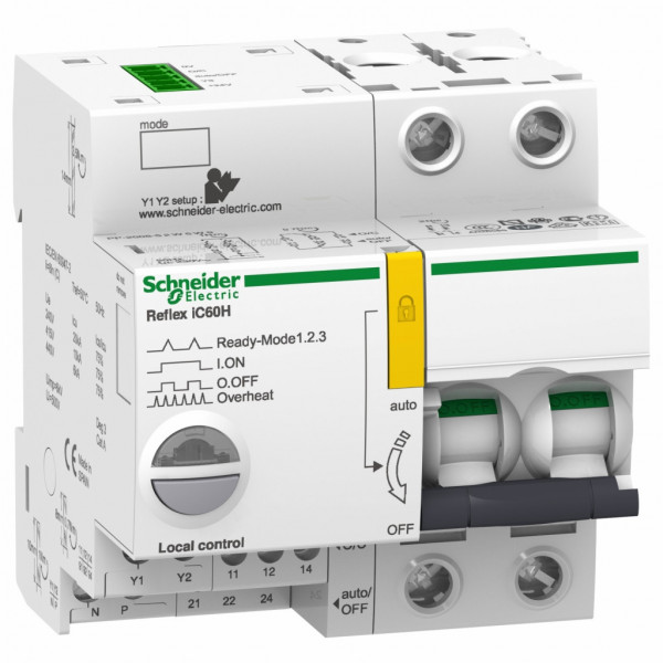Acti 9 - Reflex iC60H - disjoncteur à commande intégrée avec interface Ti24 - courbe B - 2P - 10A | Icu (pouvoir de coupure) : 15 kA à 380...415 V CA | 30 kA à 220...240 V CA 50/60 Hz conforme à EN/IEC 60947-2 - 9 pas de 9 mm - visuel 1