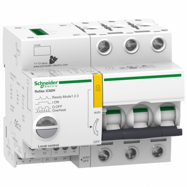 Acti 9 - Reflex iC60H - disjoncteur à commande intégrée avec interface Ti24 - courbe B - 3P - 25A | Icu (pouvoir de coupure) : 15 kA à 380...415 V CA | 30 kA à 220...240 V CA 50/60 Hz conforme à EN/IEC 60947-2 - 11 pas de 9 mm - visuel 1