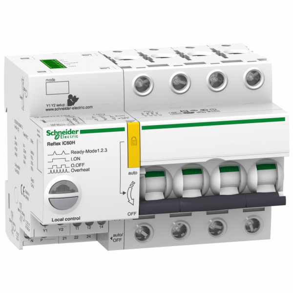 Acti 9 - Reflex iC60H - disjoncteur à commande intégrée avec interface Ti24 - courbe D - 4P - 10A | Icu (pouvoir de coupure) : 15 kA à 380...415 V CA | 30 kA à 220...240 V CA 50/60 Hz conforme à EN/IEC 60947-2 - 13 pas de 9 mm - visuel 1