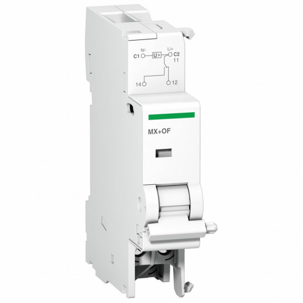 Acti 9 | Prodis - MX + OF - déclencheur voltmétrique avec contact OF - pour C120 | C60 | DPN | Vigi DPN | ID - Circuit de commande : 12...24 VCA 50/60 Hz | 12...24 V CC - Contact de signalisation : 1F/O - Largeur : 2 pas de 9 mm - visuel 1