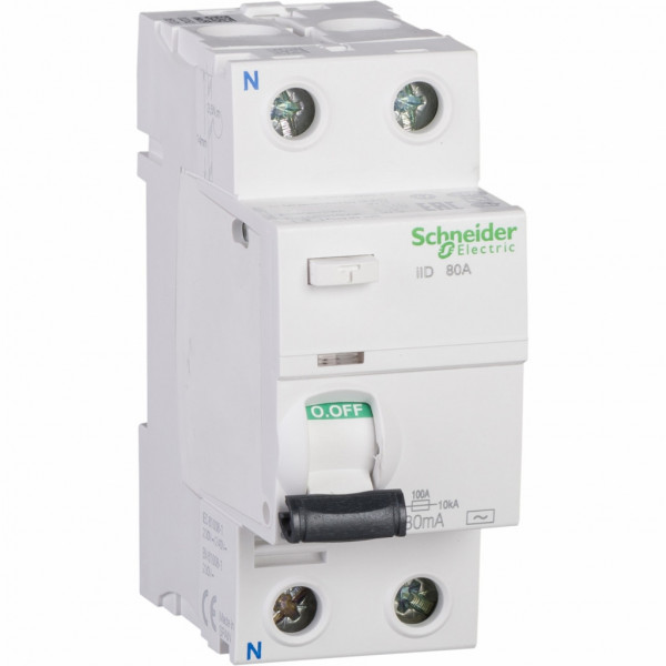 Acti 9 - interrupteur différentiel - iID - 2P - 80A - 300mA - sélectif - type AC - 10kA - Ue : 220...240 V CA 50/60 Hz - Ui : 500V CA 50/60 Hz - Uimp : 6kV - Coupure pleinement apparente - EN/CEI 61008-1 - Largeur : 4 pas de 9 mm - blanc - visuel 1