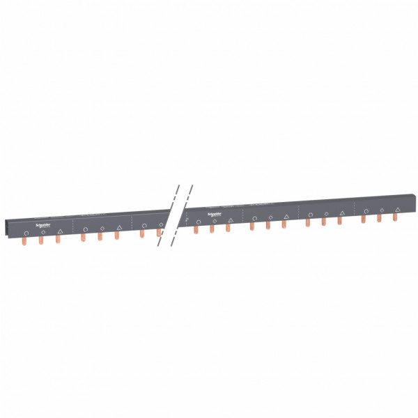 Acti 9 - Peigne de raccordement - 3P - 16 voies Aux + 3P - Ie 100A 40°C - Ue 415 V CA - 57 modules de 18 mm - découpable - Livré avec embout - Pas de raccordement : 18mm - blanc RAL 9003 - visuel 1