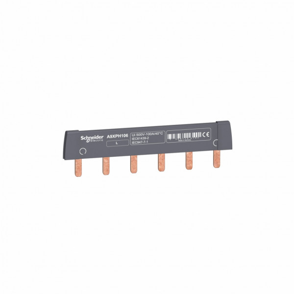 Acti 9 - Peigne de raccordement - 1P - 6 voies 1P + auxiliaire - Ie 100A 40°C - Ue 415 V CA - 6 modules de 18 mm - découpable - Pas de raccordement : 18mm - blanc RAL 9003 - visuel 1