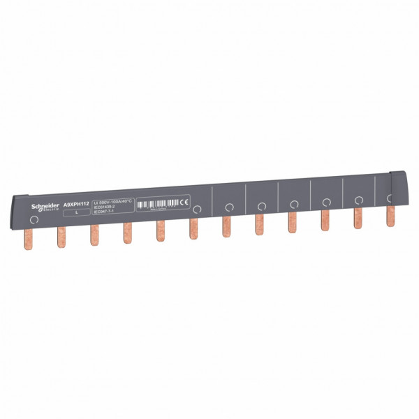 Acti 9 - Peigne de raccordement - 1P - 12 voies 1P + auxiliaire - Ie 100A 40°C - Ue 415 V CA - 12 modules de 18 mm - découpable - Pas de raccordement : 18mm - blanc RAL 9003 - visuel 1