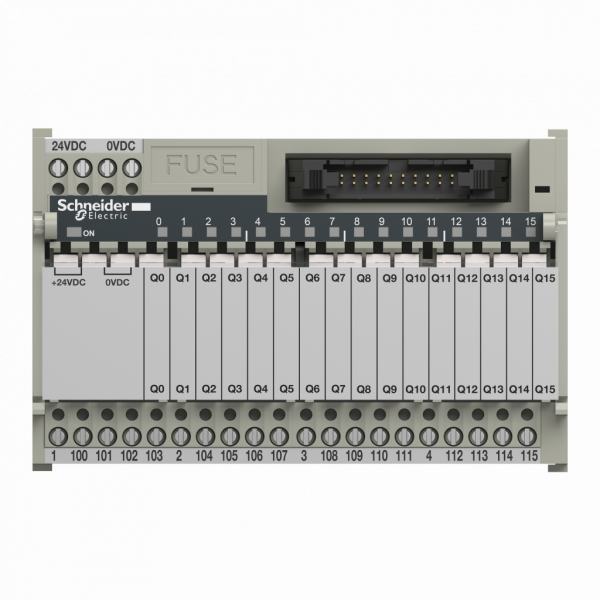 Telefast ABE7 - embase - relais embrochable - 16 voies - relais 5mm - tension d'alimentation : 19...30 V - 1 LED puissance ON - 1 DEL par canal statut du canal - groupe de distribution commune de 4 - visuel 1