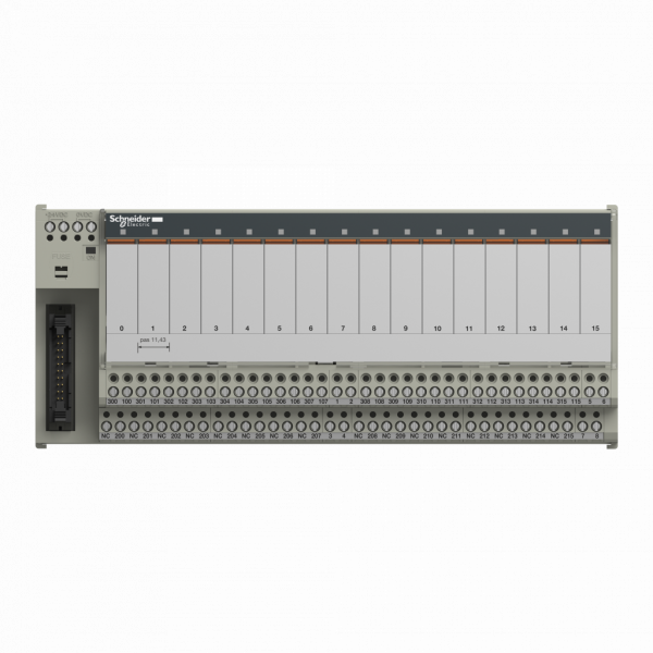 Telefast ABE7 - embase - relais embrochable - 16 voies - relais 10mm - tension d'alimentation : 19...30 V - 1 DEL par canal (vert) statut du canal - 1 LED (vert) puissance ON - IP2x - 1FO - visuel 1
