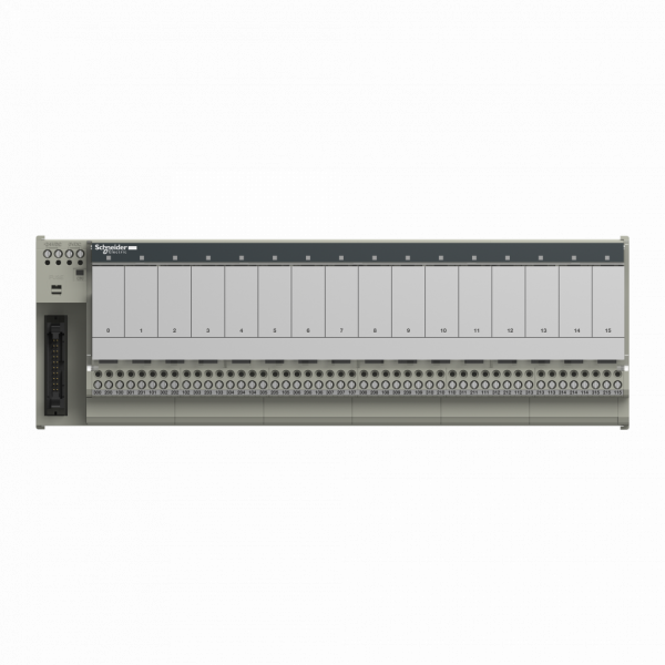 Telefast ABE7 - embase - relais embrochable - 16 voies - relais 12,5mm - tension d'alimentation : 19...30 V - 1 DEL par canal (vert) statut du canal - 1 LED (vert) puissance ON - IP2x - visuel 1
