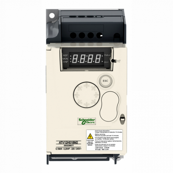 Altivar - ATV12 - variateur de vit. - 0,18kW 0,25CV - 200..240V - 1ph - radiateur - H143mmxL72mmxP102,2mm - puissance moteur : 0,25hp - puissance moteur : 0,18 kW - avec filtre CEM - IP20 - connecteur RJ45 - 2-fils RS 485 - visuel 1