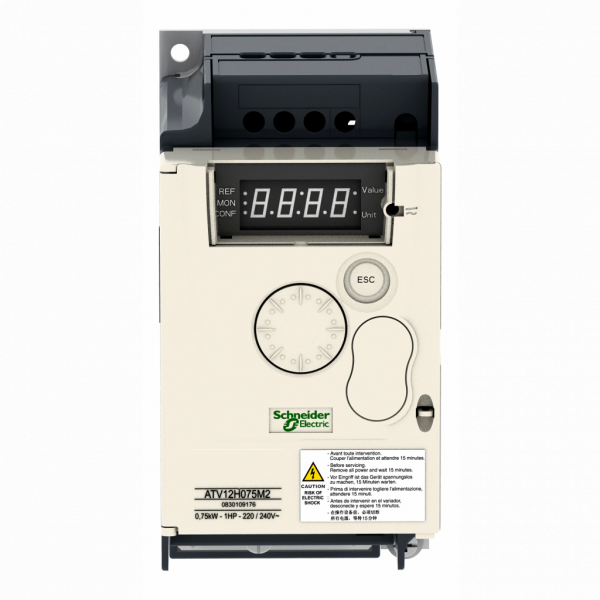Altivar - ATV12 - variateur de vit. - 0,75kW 1CV - 200..240V - 1ph - radiateur - H143mmxL72mmxP131,2mm - puissance moteur : 1hp - puissance moteur : 0,75 kW - avec filtre CEM - IP20 - connecteur RJ45 - 2 fils RS 485 - visuel 1