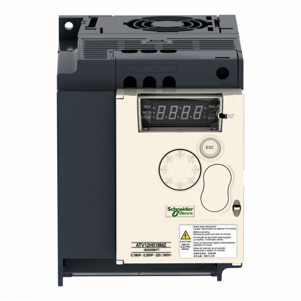Altivar - ATV12 - variateur de vit. - 0,75kW 1CV - 100..120V - 1ph - radiateur - H142mmxL105mmxP156,2mm - puissance moteur : 1hp - puissance moteur : 0,75 kW - sans filtre CEM - IP20 - connecteur RJ45 - 2 fils RS 485 - visuel 1