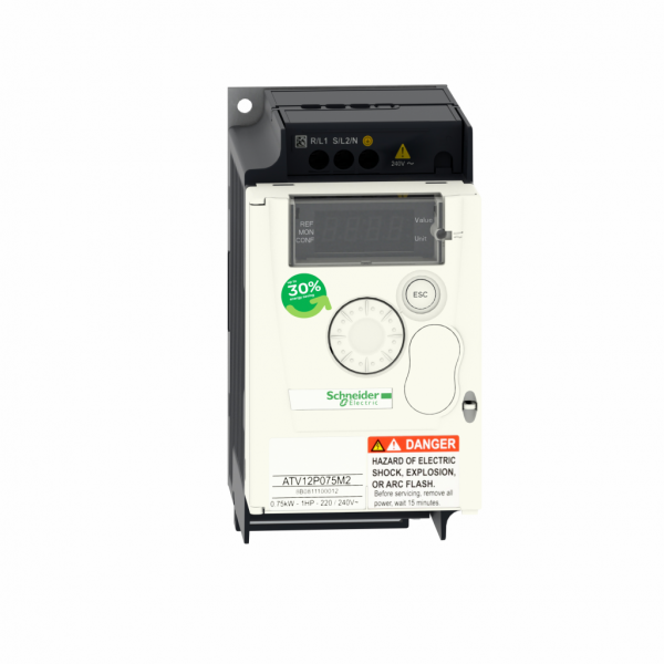 Altivar ATV12 - variateur de vit. - 0,75kW 1CV - 200..240V - 1ph - sur semelle - H143mmxL72mmxP102,2mm - puissance moteur : 1 hp - puissance moteur : 0,75 kW - avec filtre CEM - IP20 - connecteur RJ45 - 2 fils RS 485 - visuel 1