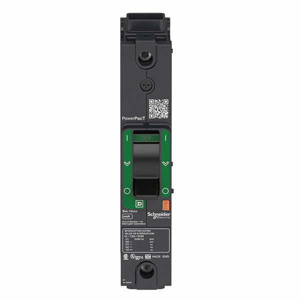 PowerPact B - disjoncteur - thermique-magnétique - déclencheur TM-D 80A - 1P 1t - 25kA 220...240 V CA 50/60 Hz selon IEC 60947-2 - code pdc D - commande par maneton - bornes cosses M6 - HLP : 137x27x80mm - larg. 3 pas de 9 mm - visuel 1