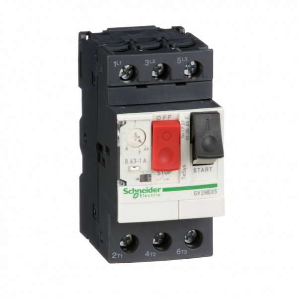 TeSys - disjoncteur moteur magnéto-thermique GV2ME - 3P - commande par bouton poussoir - réglage th. 0.63 à 1A - moteur : 0.25/0.37kW à 400/415 V CA 50/60 Hz - courant déclench. magnétique 13A - borniers à vis-étrier - visuel 1