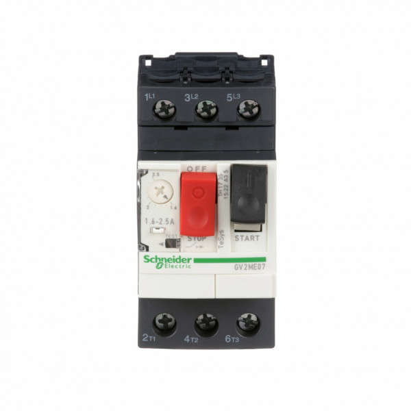 TeSys - disjoncteur moteur magnéto-thermique GV2ME - 3P - commande par bouton poussoir - réglage th. 1.6 à 2.5A - moteur : 0.75kW à 400/415 V CA 50/60 Hz - courant déclench. magnétique 33.5 - borniers à vis-étrier - visuel 3