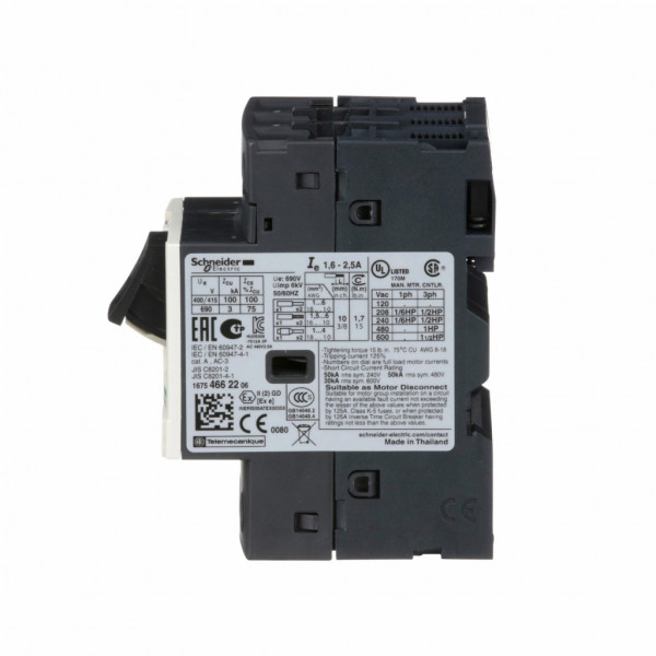 TeSys - disjoncteur moteur magnéto-thermique GV2ME - 3P - commande par bouton poussoir - réglage th. 1.6 à 2.5A - moteur : 0.75kW à 400/415 V CA 50/60 Hz - courant déclench. magnétique 33.5 - borniers à vis-étrier - visuel 4