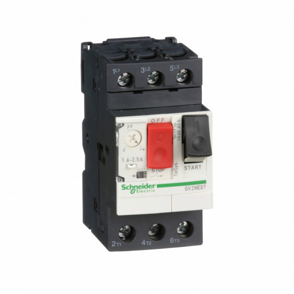 TeSys - disjoncteur moteur magnéto-thermique GV2ME - 3P - commande par bouton poussoir - réglage th. 1.6 à 2.5A - moteur : 0.75kW à 400/415 V CA 50/60 Hz - courant déclench. magnétique 33.5 - borniers à vis-étrier - visuel 1