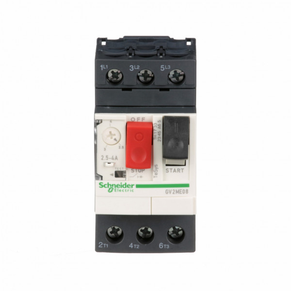 TeSys - disjoncteur moteur magnéto-thermique GV2ME - 3P - commande par bouton poussoir - réglage th. 2.5 à 4A - moteur : 1.1/1.5kW à 400/415 V CA 50/60 Hz - courant déclench. magnétique 51A - borniers à vis-étrier - visuel 2