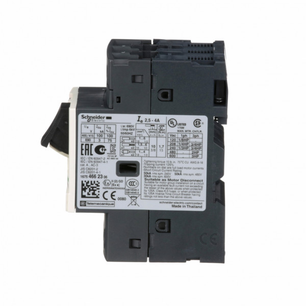 TeSys - disjoncteur moteur magnéto-thermique GV2ME - 3P - commande par bouton poussoir - réglage th. 2.5 à 4A - moteur : 1.1/1.5kW à 400/415 V CA 50/60 Hz - courant déclench. magnétique 51A - borniers à vis-étrier - visuel 4