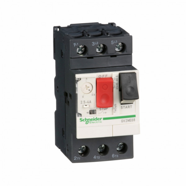TeSys - disjoncteur moteur magnéto-thermique GV2ME - 3P - commande par bouton poussoir - réglage th. 2.5 à 4A - moteur : 1.1/1.5kW à 400/415 V CA 50/60 Hz - courant déclench. magnétique 51A - borniers à vis-étrier - visuel 1