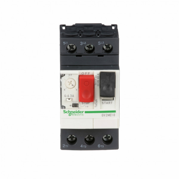TeSys - disjoncteur moteur magnéto-thermique GV2ME - 3P - commande par bouton poussoir - réglage th. 4 à 6.3A - moteur : 2.2kW à 400/415 V CA 50/60 Hz - courant déclench. magnétique 78A - borniers à vis-étrier - visuel 2