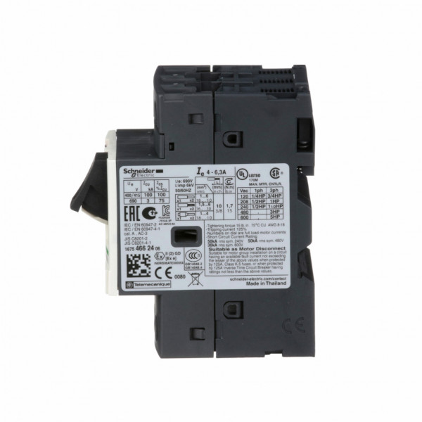 TeSys - disjoncteur moteur magnéto-thermique GV2ME - 3P - commande par bouton poussoir - réglage th. 4 à 6.3A - moteur : 2.2kW à 400/415 V CA 50/60 Hz - courant déclench. magnétique 78A - borniers à vis-étrier - visuel 4