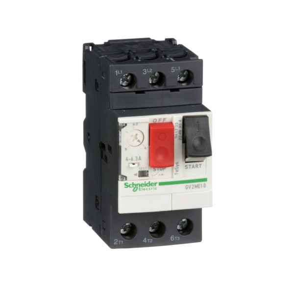 TeSys - disjoncteur moteur magnéto-thermique GV2ME - 3P - commande par bouton poussoir - réglage th. 4 à 6.3A - moteur : 2.2kW à 400/415 V CA 50/60 Hz - courant déclench. magnétique 78A - borniers à vis-étrier - visuel 1
