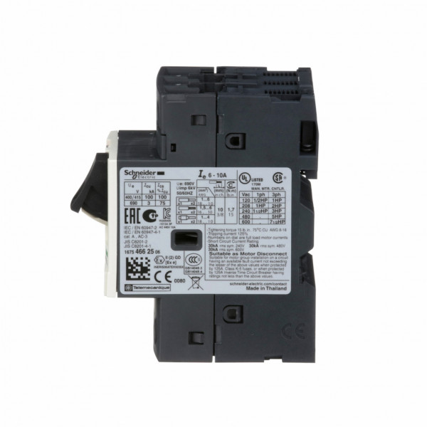 TeSys - disjoncteur moteur magnéto-thermique GV2ME - 3P - commande par bouton poussoir - réglage th. 6 à 10A - moteur : 3/4kW à 400/415 V CA 50/60 Hz - courant déclench. magnétique 138A - borniers à vis-étrier - visuel 4