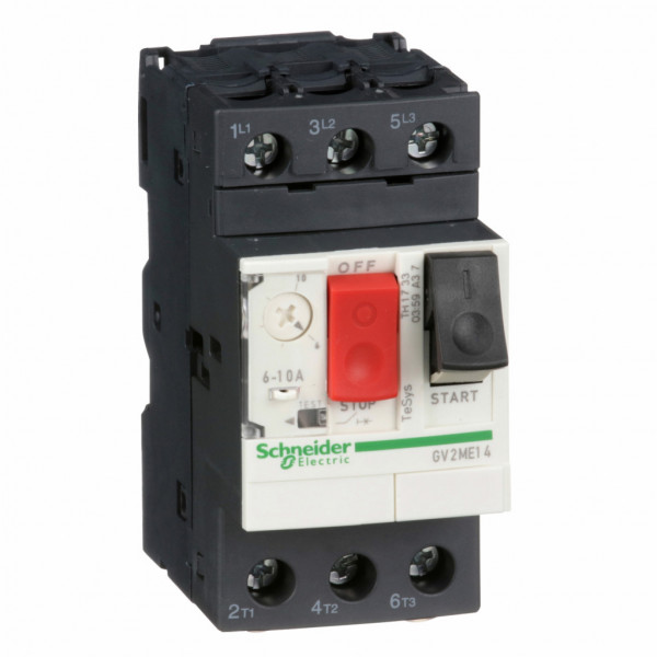 TeSys - disjoncteur moteur magnéto-thermique GV2ME - 3P - commande par bouton poussoir - réglage th. 6 à 10A - moteur : 3/4kW à 400/415 V CA 50/60 Hz - courant déclench. magnétique 138A - borniers à vis-étrier - visuel 1
