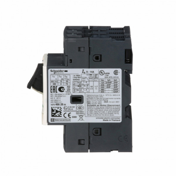 TeSys - disjoncteur moteur magnéto-thermique GV2ME - 3P - commande par bouton poussoir - réglage th. 9 à 14A - moteur : 5.5kW à 400/415 V CA 50/60 Hz - courant déclench. magnétique 170A - borniers à vis-étrier - visuel 4