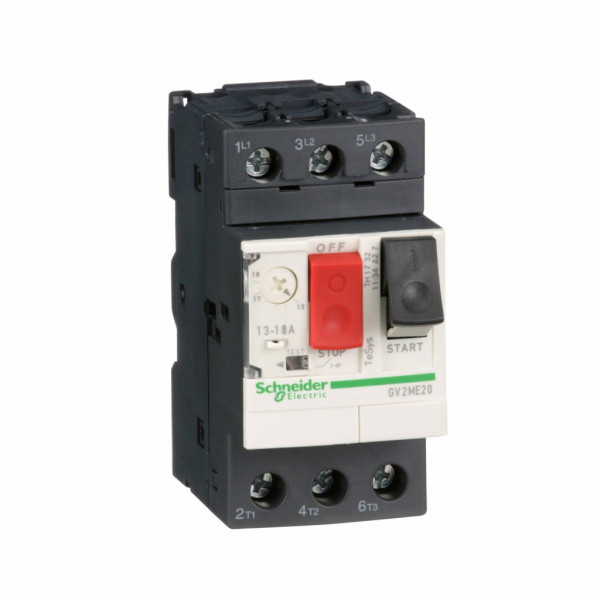 TeSys - disjoncteur moteur magnéto-thermique GV2ME - 3P - commande par bouton poussoir - réglage th. 13 à 18A - moteur : 7.5kW à 400/415 V CA 50/60 Hz - courant déclench. magnétique 223A - borniers à vis-étrier - visuel 1