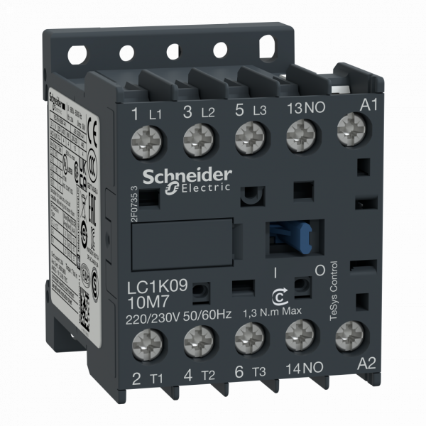 TeSys K - TeSys LC1K - contacteur - 3P - AC-3 440V 9A - bobine 24Vca - H58mmxL45mmxP57mm - application : commande moteur (AC-3), charge résistive (AC-1) - tension assignée d'emploi (puissance et signalisation) : <= 690 V CA <= 400 Hz - visuel 1