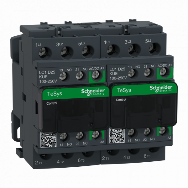 TeSys D - contacteur inverseur - 3P(3 NO) - AC3 - <= 440V 25A - 100 à 250Vca-cc - H85mmxL90mmxP92mm - application : commande moteur (AC-3), charge résistive (AC-1) - 3 pôles - NO - préassemblé avec jeu de barres d'inversion - IP20 - visuel 1