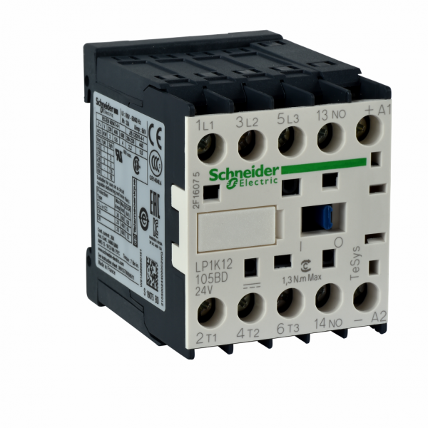 TeSys K - contacteur CONT 3P plus F CI 24V DC - H58mmxL45mmxP57mm - application : charge résistive (AC-1), commande moteur (AC-3) - tension assignée d'emploi (puissance et signalisation) : <= 690 V CA <= 400 Hz - visuel 1