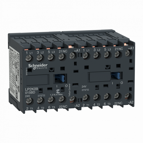 TeSys K - contacteur inverseur - inv 3p+o ci 24v dc - H58mmxL90mmxP57mm - IP2x - 3NO - application : commande moteur (AC-3) - type de bobine : CC standard - visuel 1
