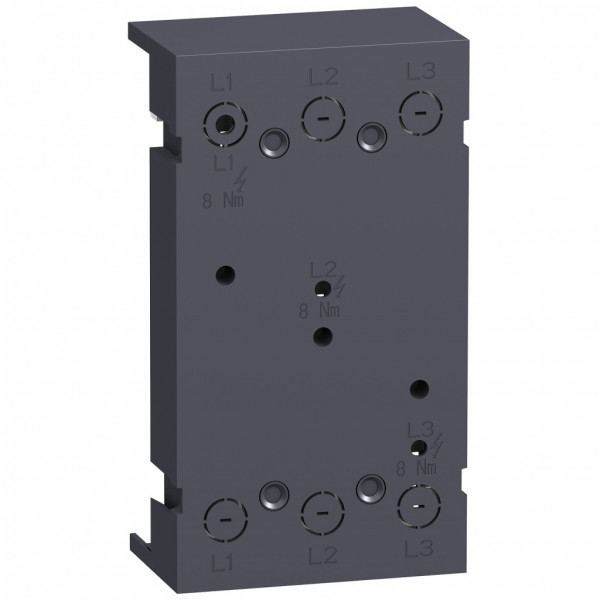 Ce produit est une platine de montage pour les disjoncteurs ComPacT NSX100/250A 3P. En gris anthracite, cette platine est de dimension L104xH190xP63mm. Ui:690V Ie:100/250A IP20. - visuel 1
