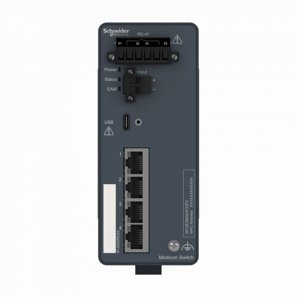 ConneXium - Ethernet - Modicon switch administré - managé - 4 ports cuivre - H142,8mmxL57mmxP117,6mm - switchs cascade : illimités - connex. intégrée : RJ45 blindée câble cuivre - IP30 - visuel 1