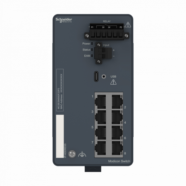 ConneXium - Ethernet - Modicon Switch administré - 8 ports câble cuivre - H142,8mmxL73mmxP117,6mm - switchs en cascade : illimités - connexion intégrée : RJ45 blindée - câble à paire blindée torsadée CAT 5E pour câble cuivre - IP30 - - visuel 1