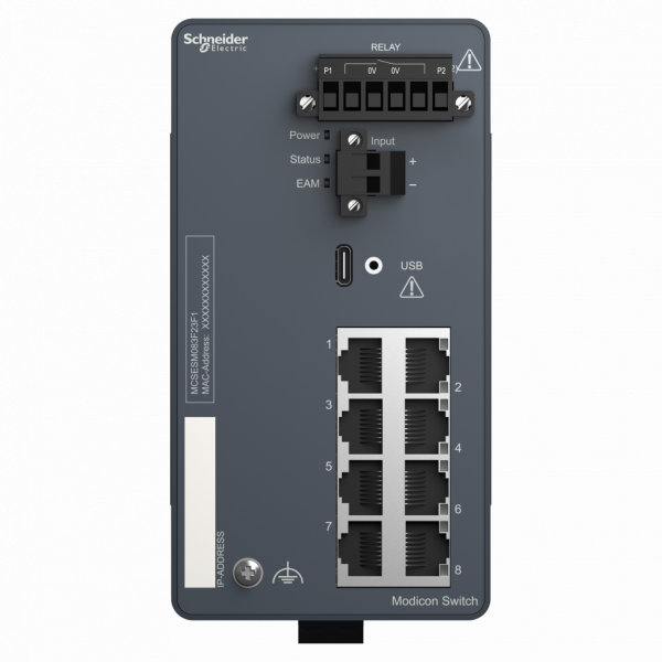 ConneXium - Ethernet - Modicon - switch Ethernet TCP/IP managé - 8 ports cuivre - H142,8mmxXL73mmxP117,6mm - IP30 - switchs en cascade : illimités - connexion intégrée : RJ45 blindée câble cuivre - visuel 1